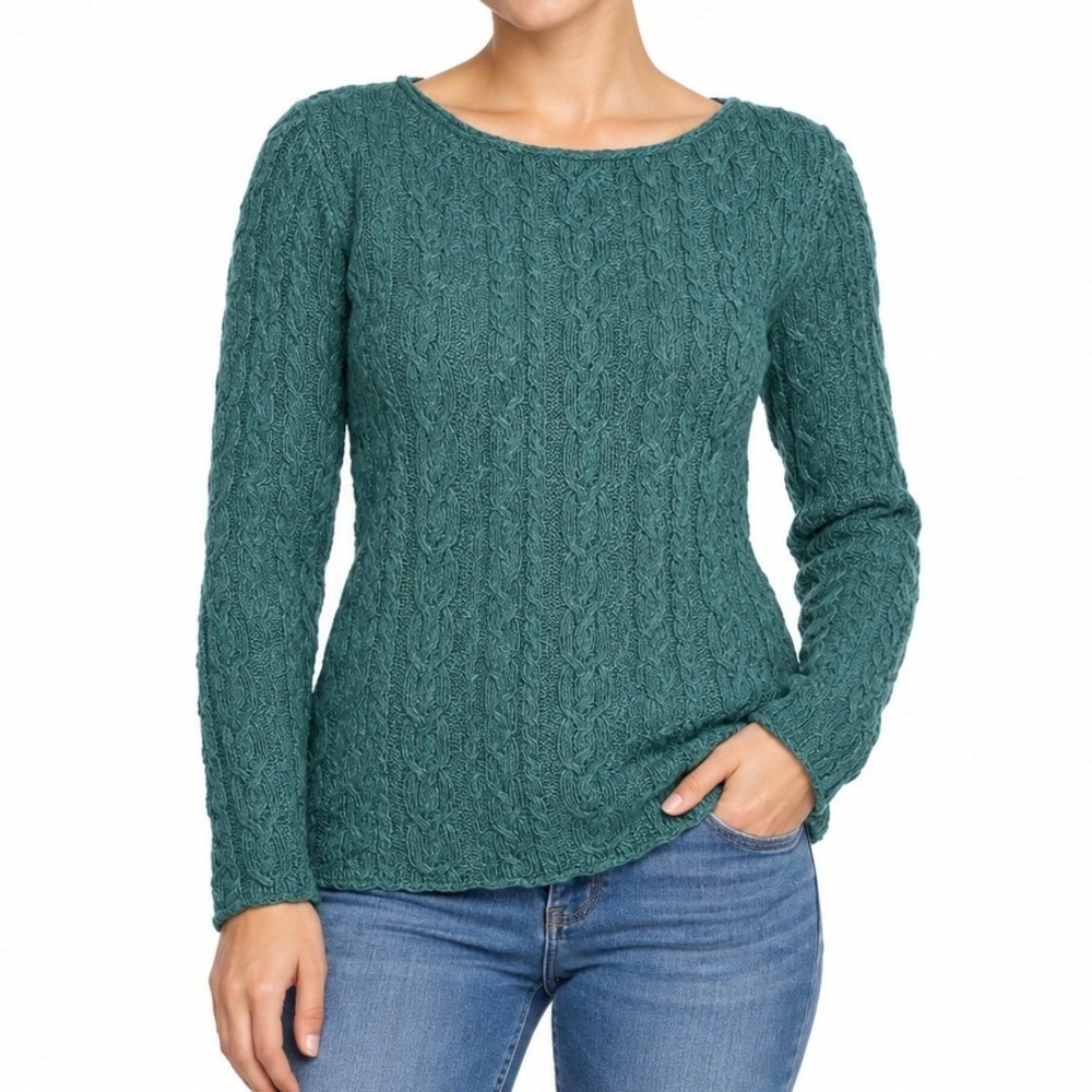 Lauren Ralph Lauren Sweater Women L Green Cable Knit Lightweight Roll Neck